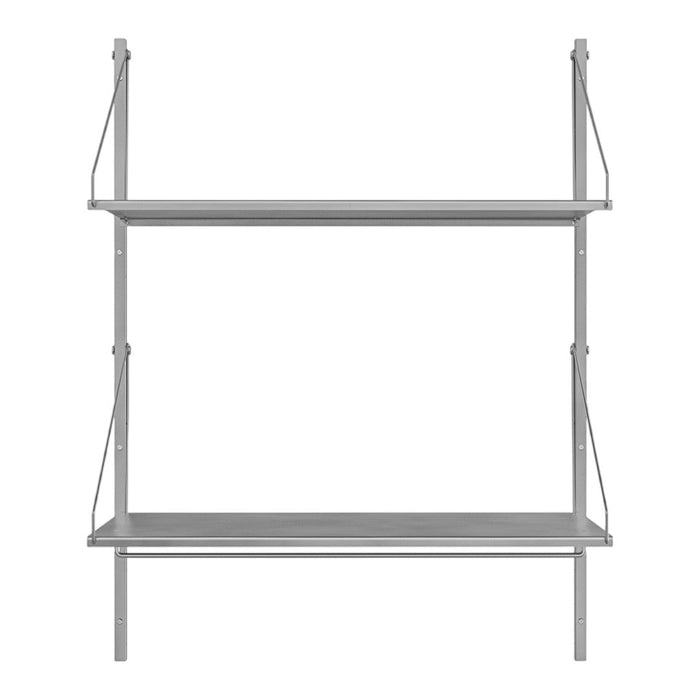 Gray metal shelving unit with two open shelves and minimalist design, perfect for any modern space.