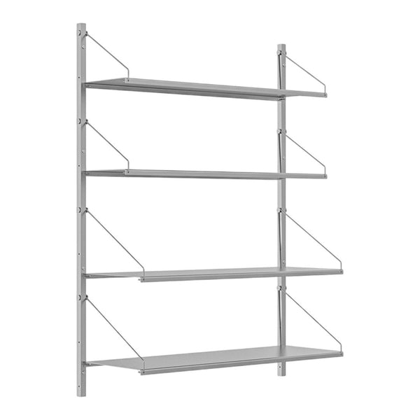 Modern gray metal shelving unit with four sleek, open shelves and minimalist design for versatile storage solutions.