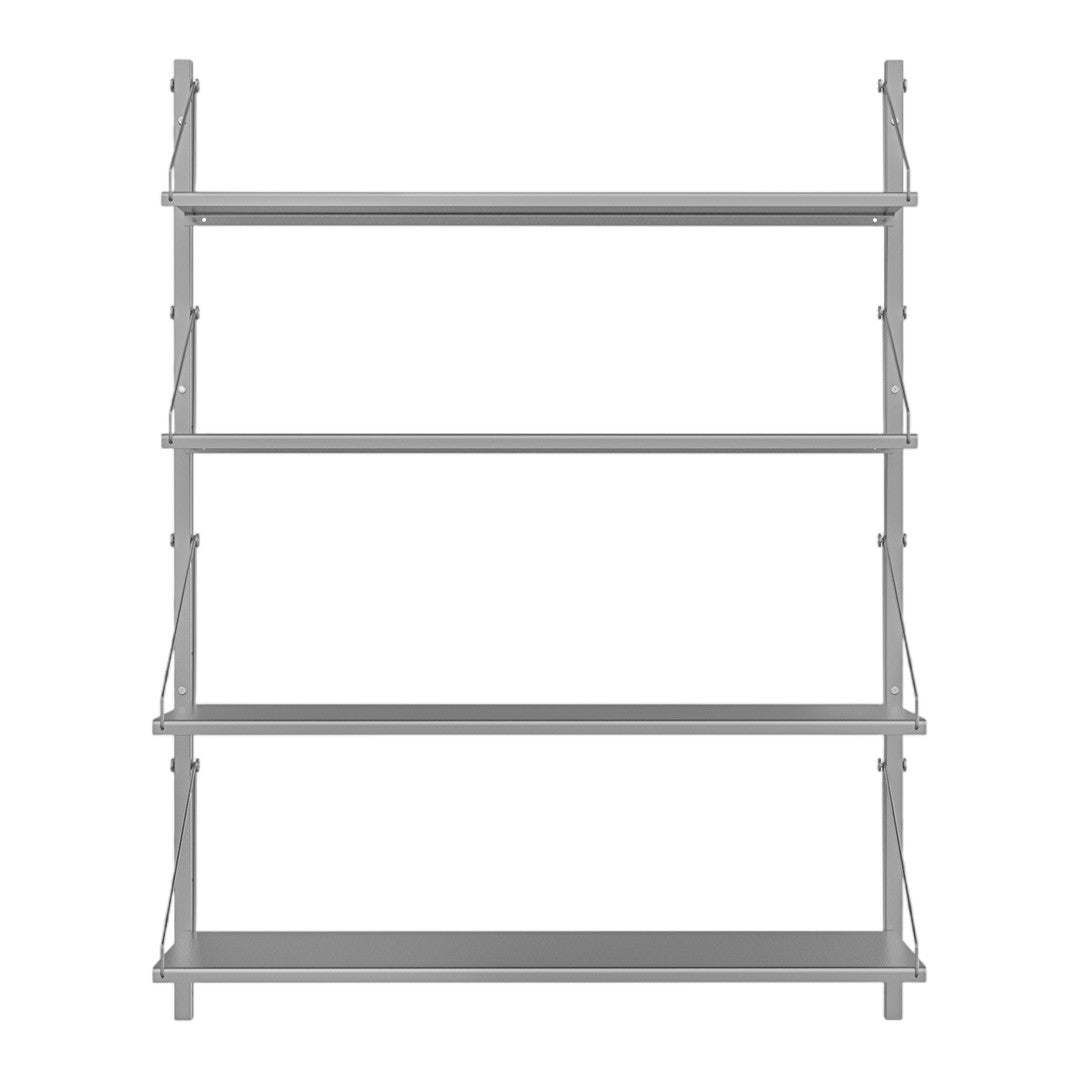 Gray industrial shelving unit with four open shelves and minimalistic design. Perfect for modern home decor.