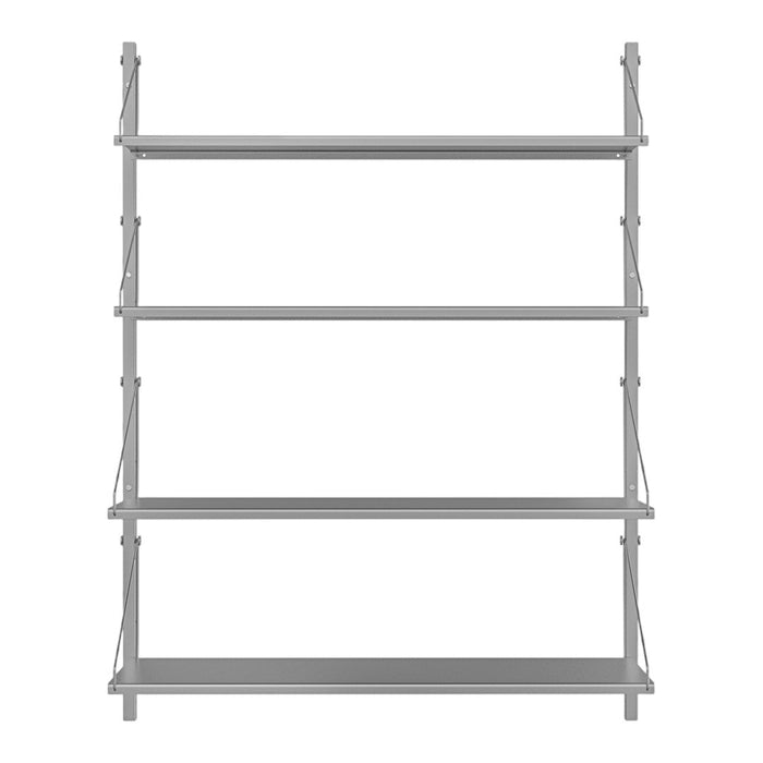 Gray industrial shelving unit with four open shelves and minimalistic design. Perfect for modern home decor.