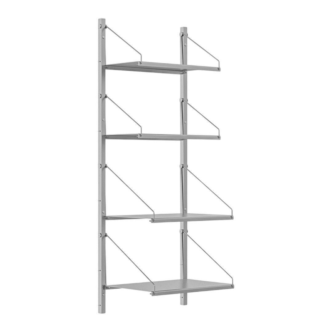 Modern gray shelving unit with six minimalist shelves and sleek metal brackets, perfect for stylish storage.