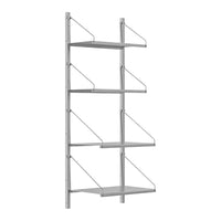 Modern gray shelving unit with six minimalist shelves and sleek metal brackets, perfect for stylish storage.