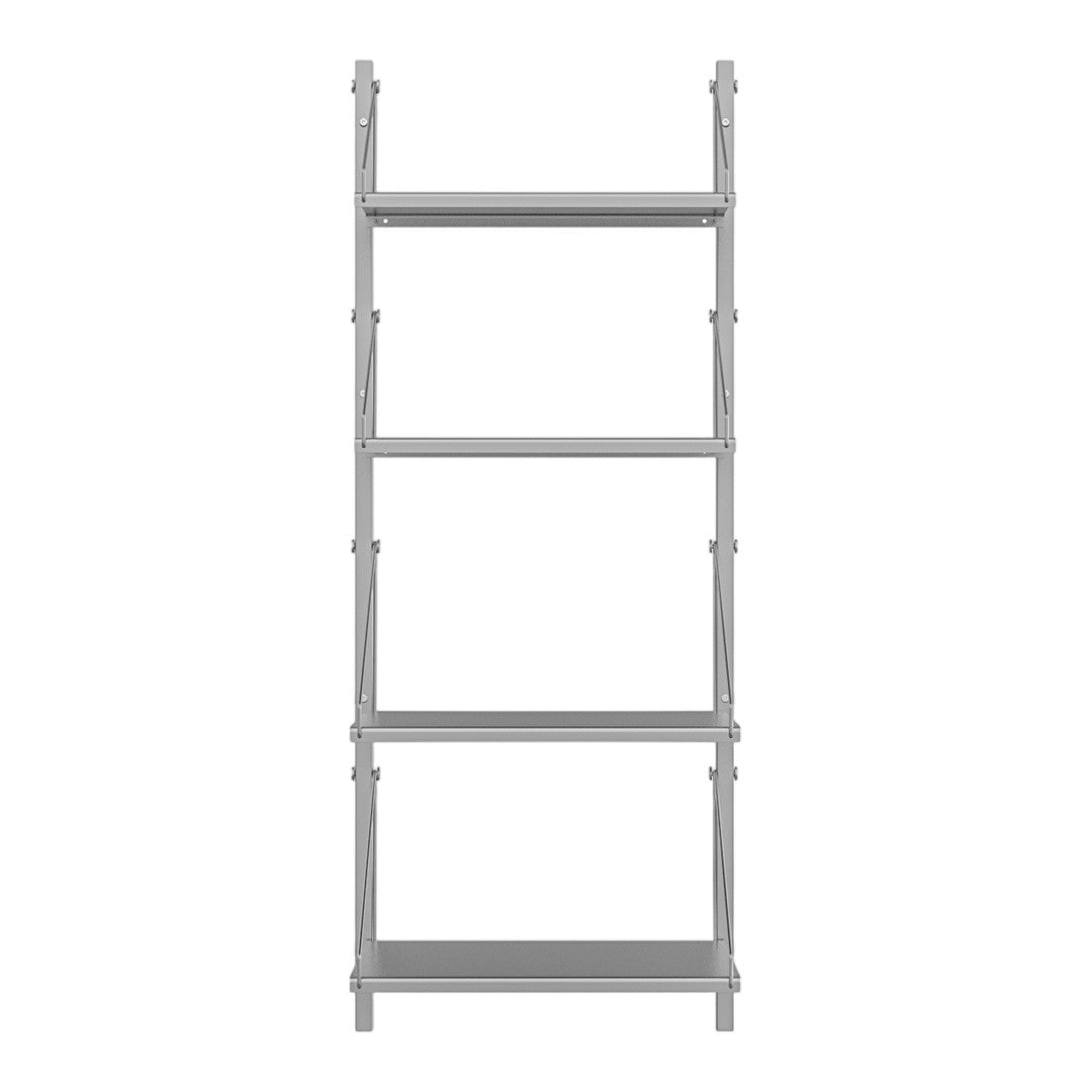 Gray metal shelving unit with a sleek, modern design and five open shelves. Perfect for organizing any space.