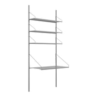 Gray metal shelving unit with four flat shelves and a minimalist design, featuring sleek lines and open spaces.