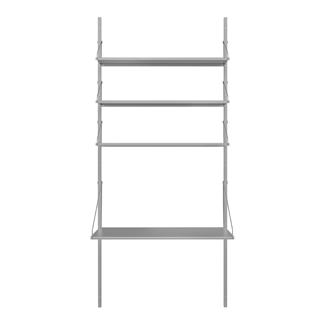 Gray metal shelving unit with sleek lines and minimalist design, featuring four open shelves.