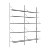 Sleek, modern shelving unit in light grey with minimalist design and open shelf patterns for stylish organization.