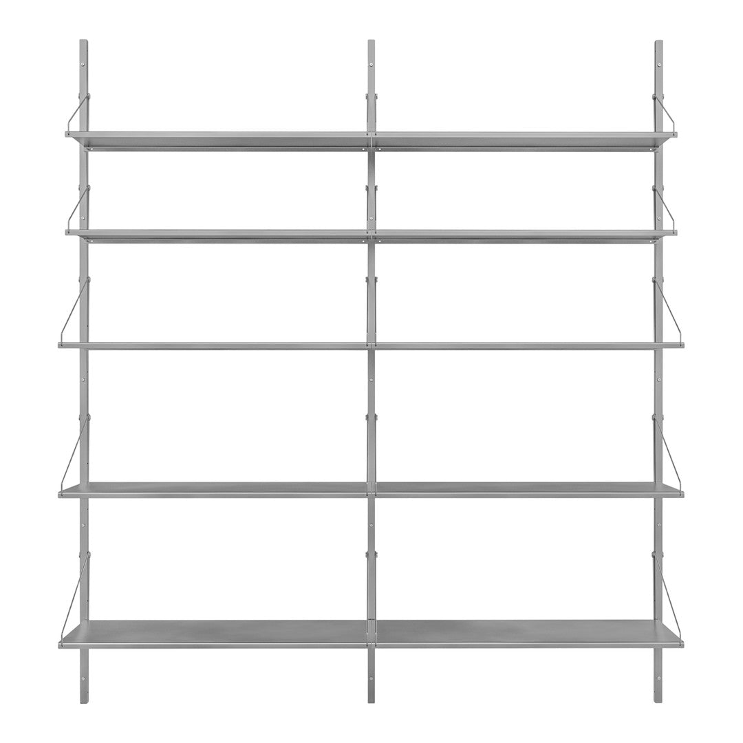 Sleek gray metal shelving unit with multiple horizontal shelves and clean lines, perfect for modern organization.