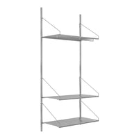Silver metal shelving unit with three open shelves, featuring a minimalist design and sleek lines.