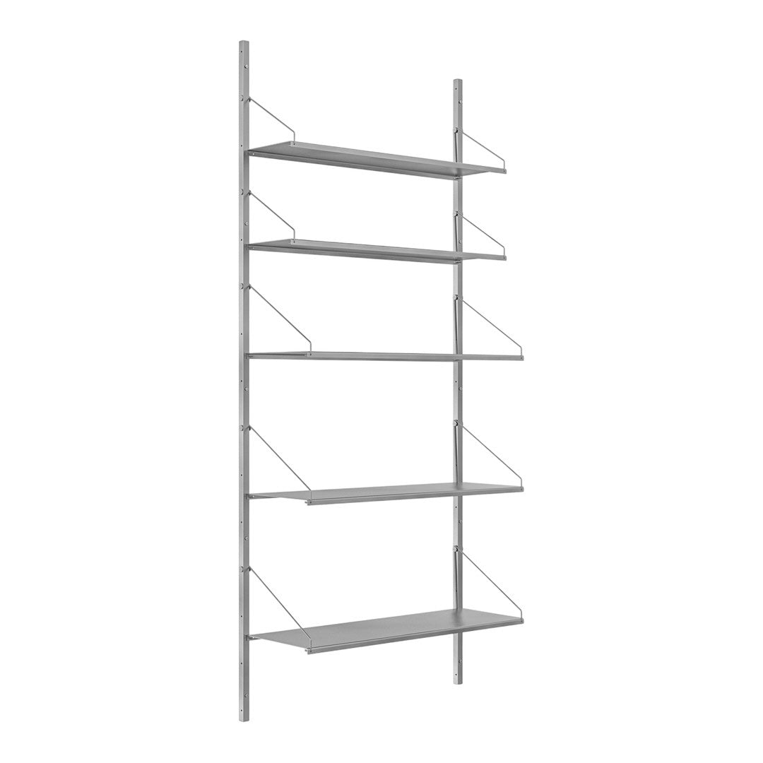 Gray metal shelving unit with minimalist design and clean lines, featuring six open shelves for versatile storage.