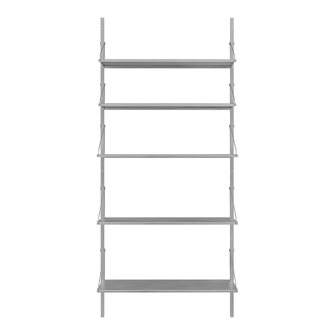 Gray metal shelving unit with five open shelves and a minimalist design. Perfect for modern decor.