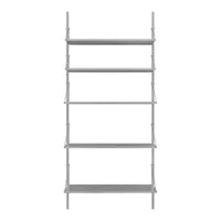 Gray metal shelving unit with five open shelves and a minimalist design. Perfect for modern decor.