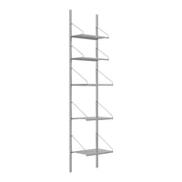 Slim metal shelving unit with a sleek silver finish and minimalist design, featuring open framework and flat shelves.