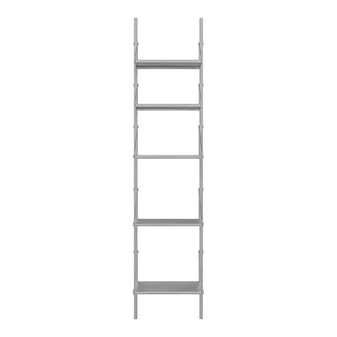 Slim, modern shelving unit in a sleek, solid gray finish with six open shelves. Perfect for minimalist decor.