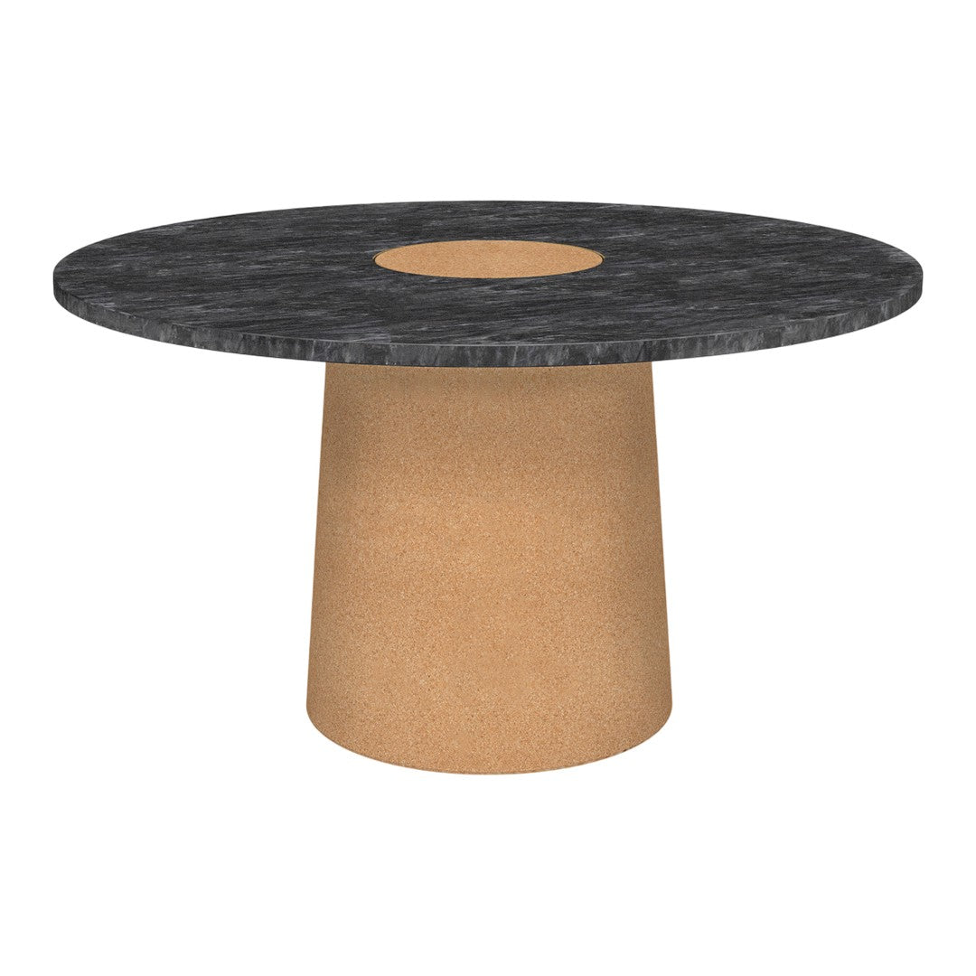 Round table featuring a black patterned top with a central cutout and a smooth beige base. Perfect for modern decor.