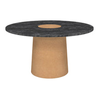 Round table featuring a black patterned top with a central cutout and a smooth beige base. Perfect for modern decor.