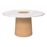 Marble white tabletop with colorful specks, smooth round design, and natural beige cylindrical base. Perfect for modern decor.