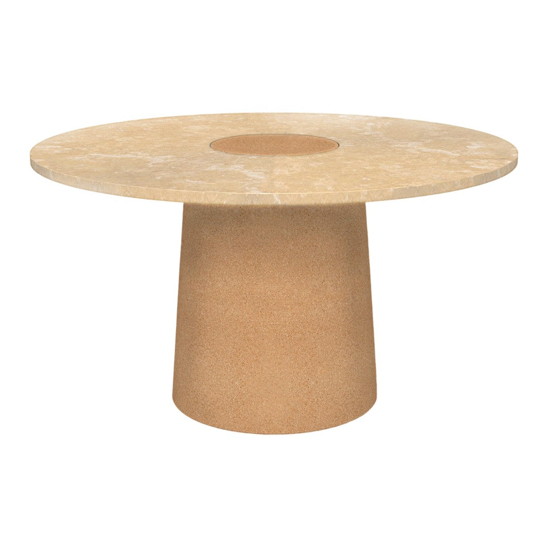 Round beige table with a smooth marble top and solid cylindrical base, showcasing natural color variations and soft patterns.
