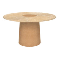 Round beige table with a smooth marble top and solid cylindrical base, showcasing natural color variations and soft patterns.