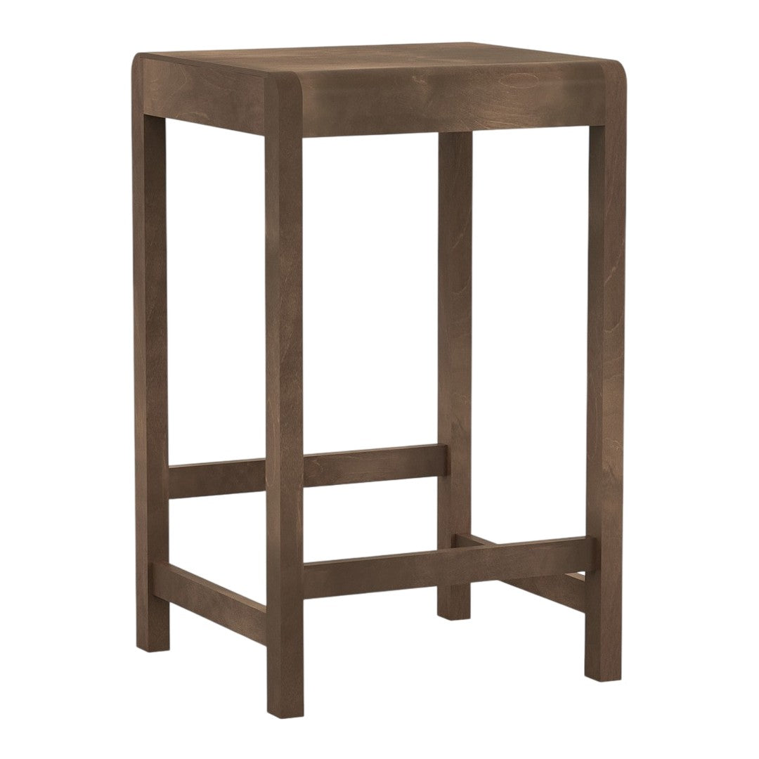 Solid brown wood bar stool with a minimalist design and smooth finish, perfect for modern home decor.