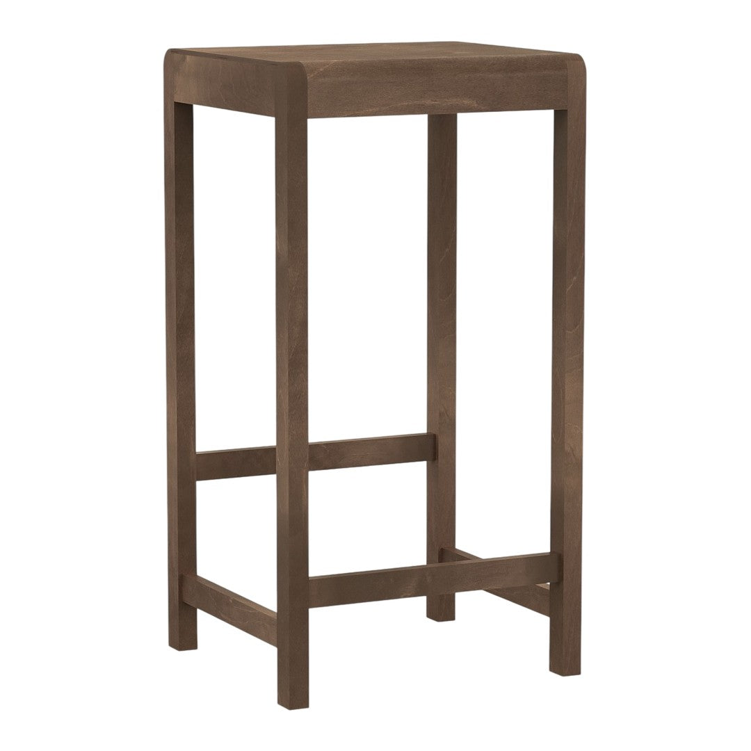 Brown wooden bar stool with a simple, minimalist design and square top, featuring clean lines and smooth finish.