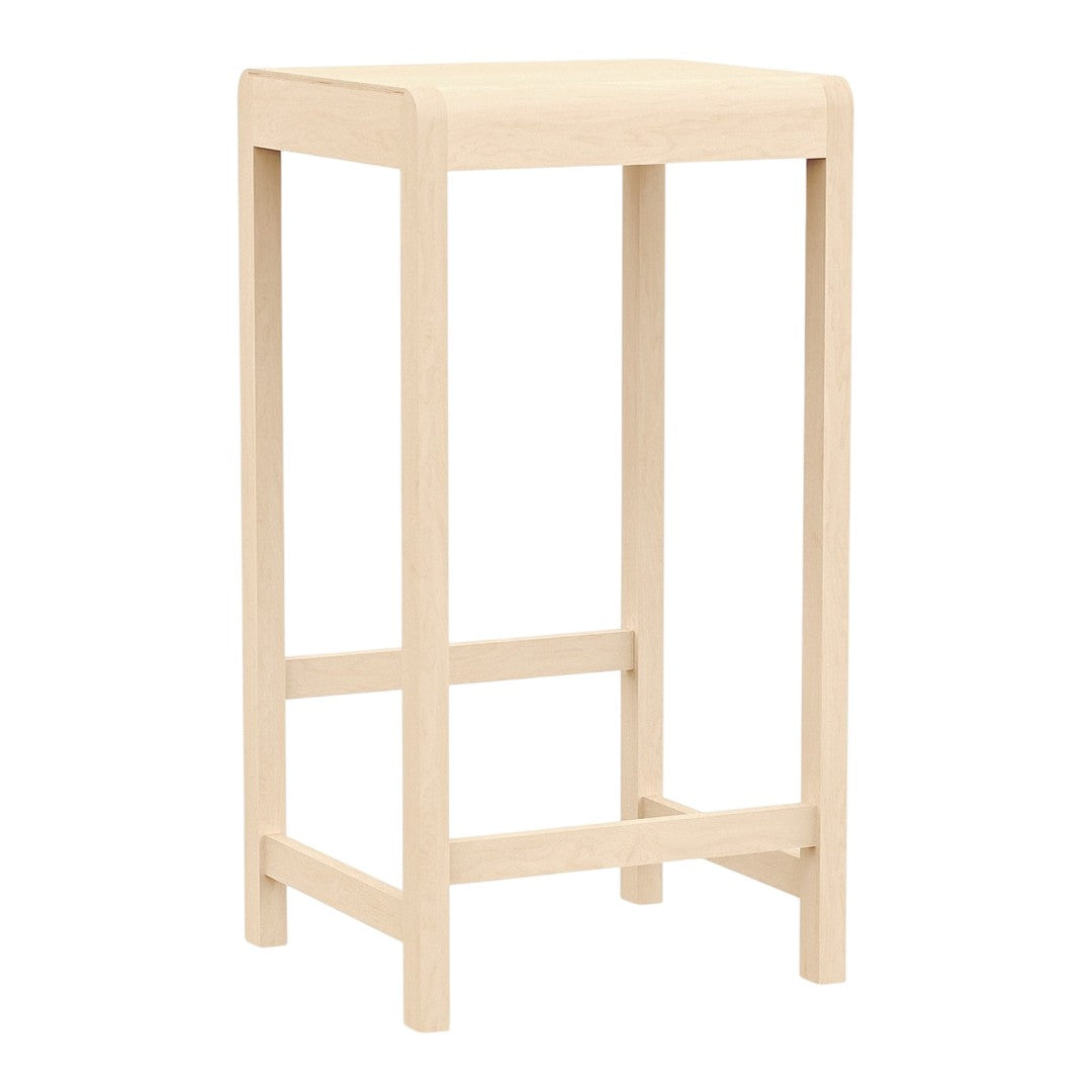 Natural wood finish bar stool with a simple, minimalist design and clean lines. Perfect for modern interiors.