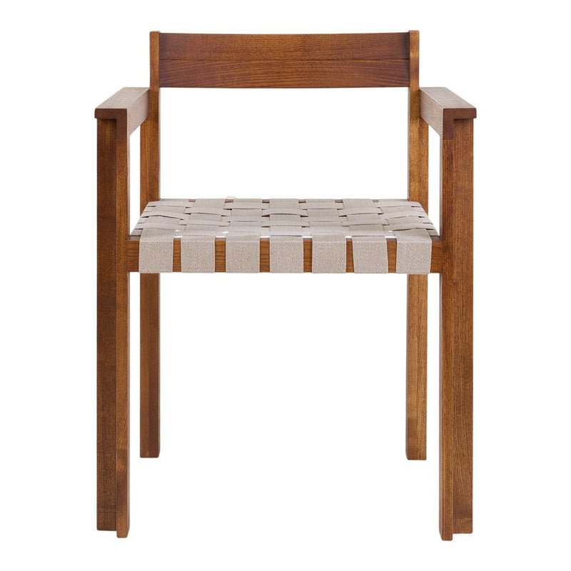 Wooden chair with a rich brown frame and a woven beige and white patterned seat.