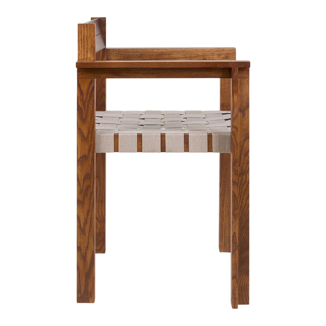 Wooden bar stool featuring a rich brown finish and a woven beige seat with subtle striped patterns.