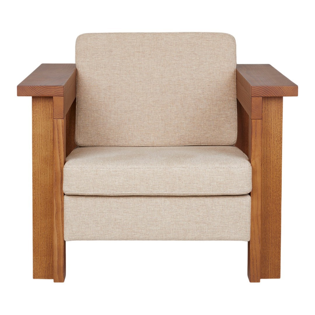 Beige fabric armchair with wooden armrests, featuring a minimalist design and no visible patterns.