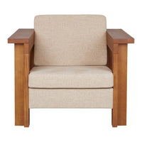 Beige fabric armchair with wooden armrests, featuring a minimalist design and no visible patterns.