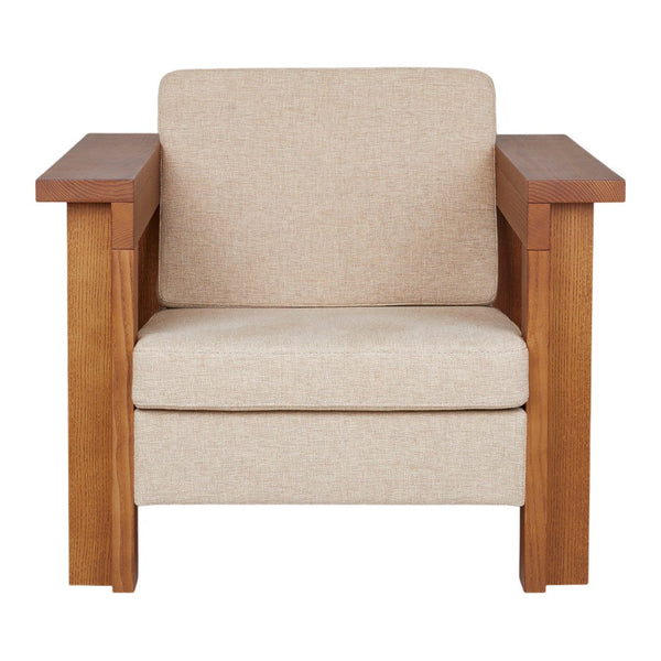 Beige fabric armchair with wooden armrests, featuring a minimalist design and no visible patterns.