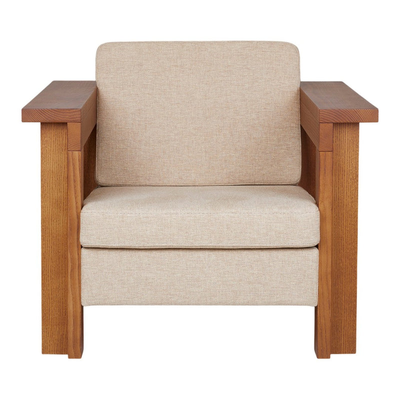 Beige fabric armchair with wooden armrests, featuring a minimalist design and no visible patterns.