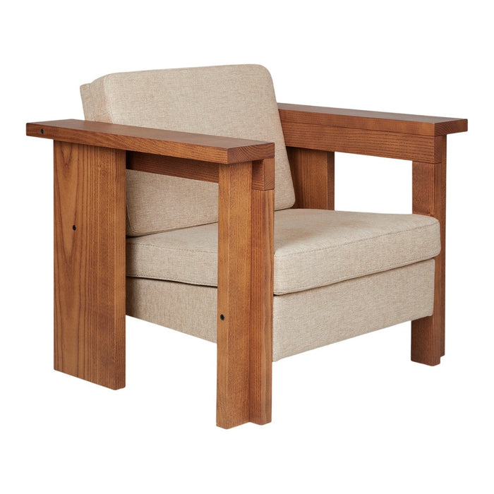 Beige upholstered armchair with a natural wood frame, featuring a minimalist design and clean lines.
