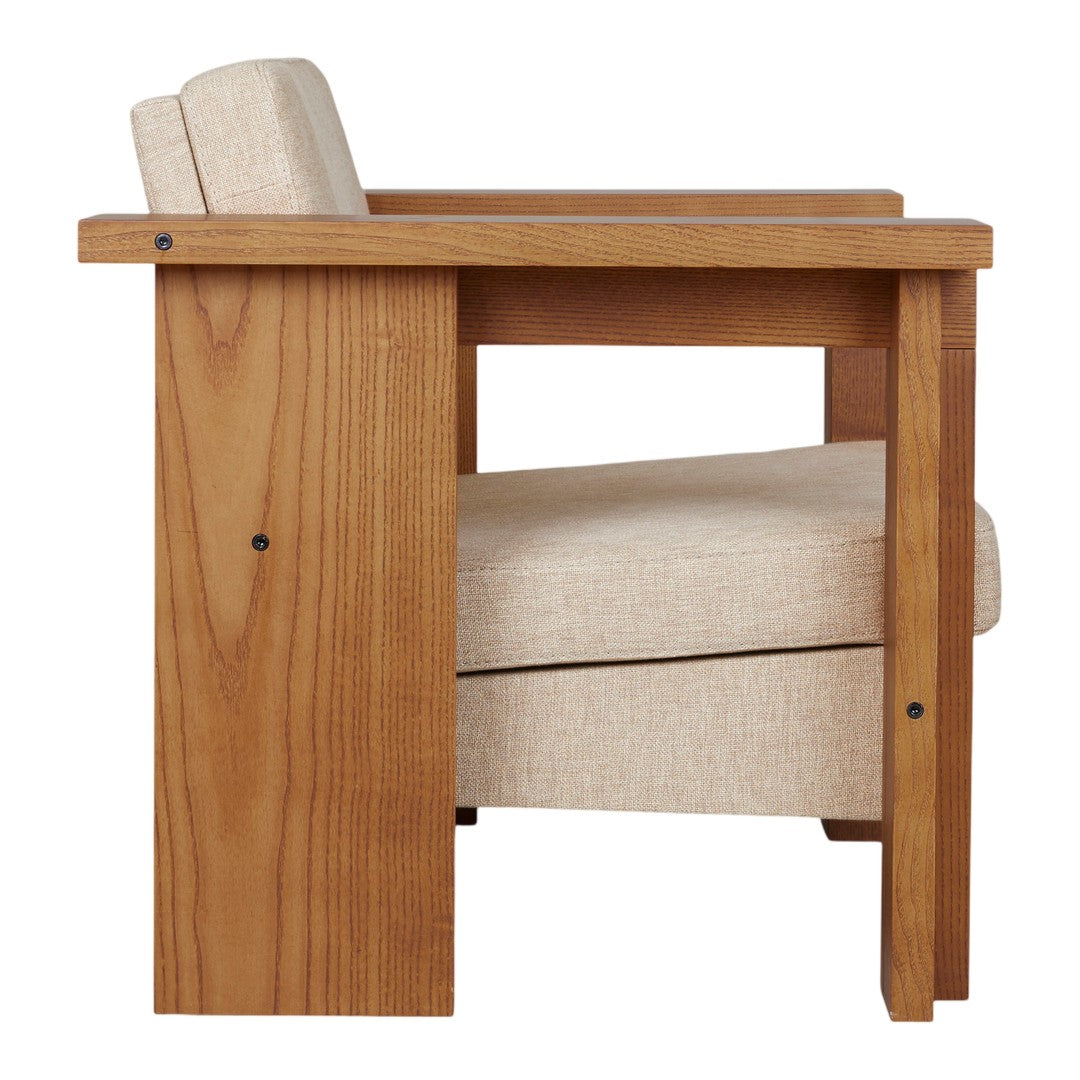 Wooden chair featuring a natural wood finish and beige fabric upholstery for a minimalistic, contemporary look.