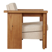Wooden chair featuring a natural wood finish and beige fabric upholstery for a minimalistic, contemporary look.