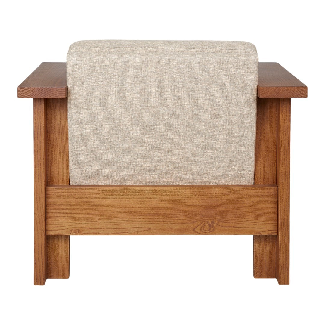 Beige upholstered chair with a natural wood frame, showcasing a simple and modern design.