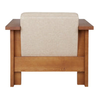 Beige upholstered chair with a natural wood frame, showcasing a simple and modern design.