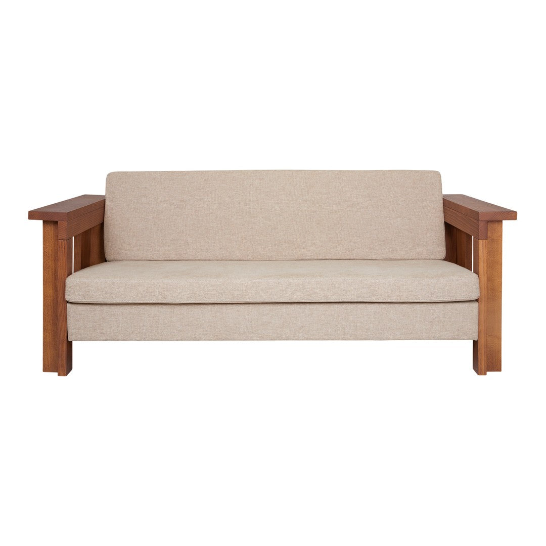 Beige upholstery with a smooth texture, paired with warm wood-colored arms, creating a modern and minimalist look.