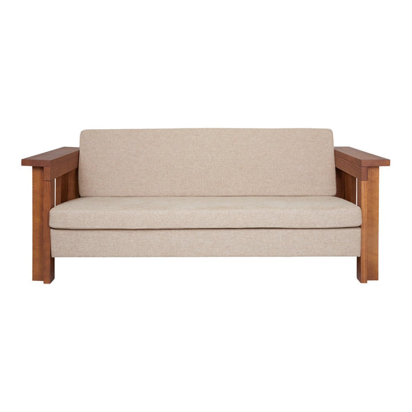 Beige upholstery with a smooth texture, paired with warm wood-colored arms, creating a modern and minimalist look.
