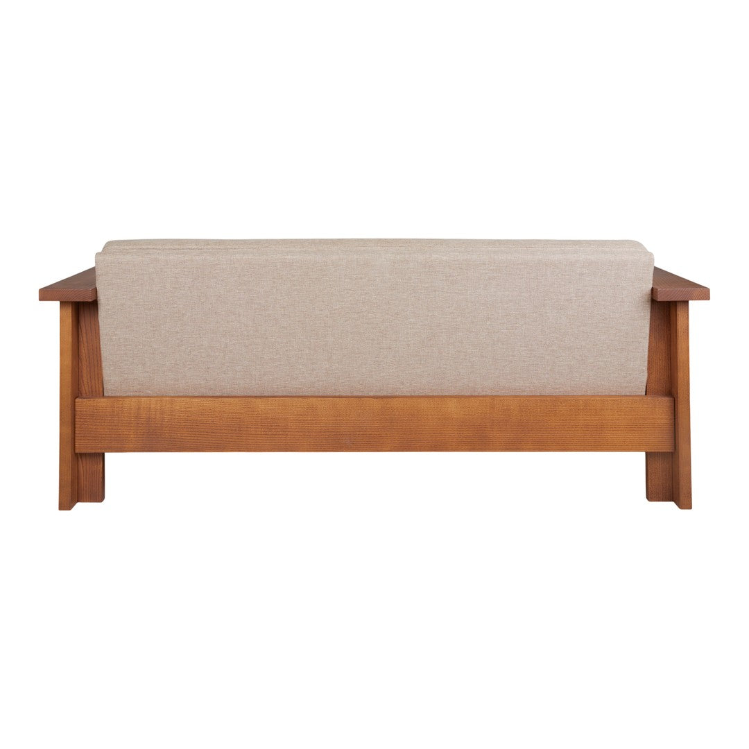 Beige upholstered backrest on a warm wood frame, showcasing a minimalist design and neutral color palette.