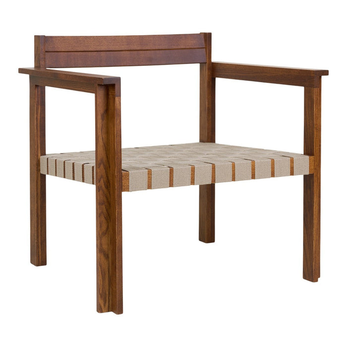 Wooden chair with rich brown frame and beige striped seat for a modern, stylish look.