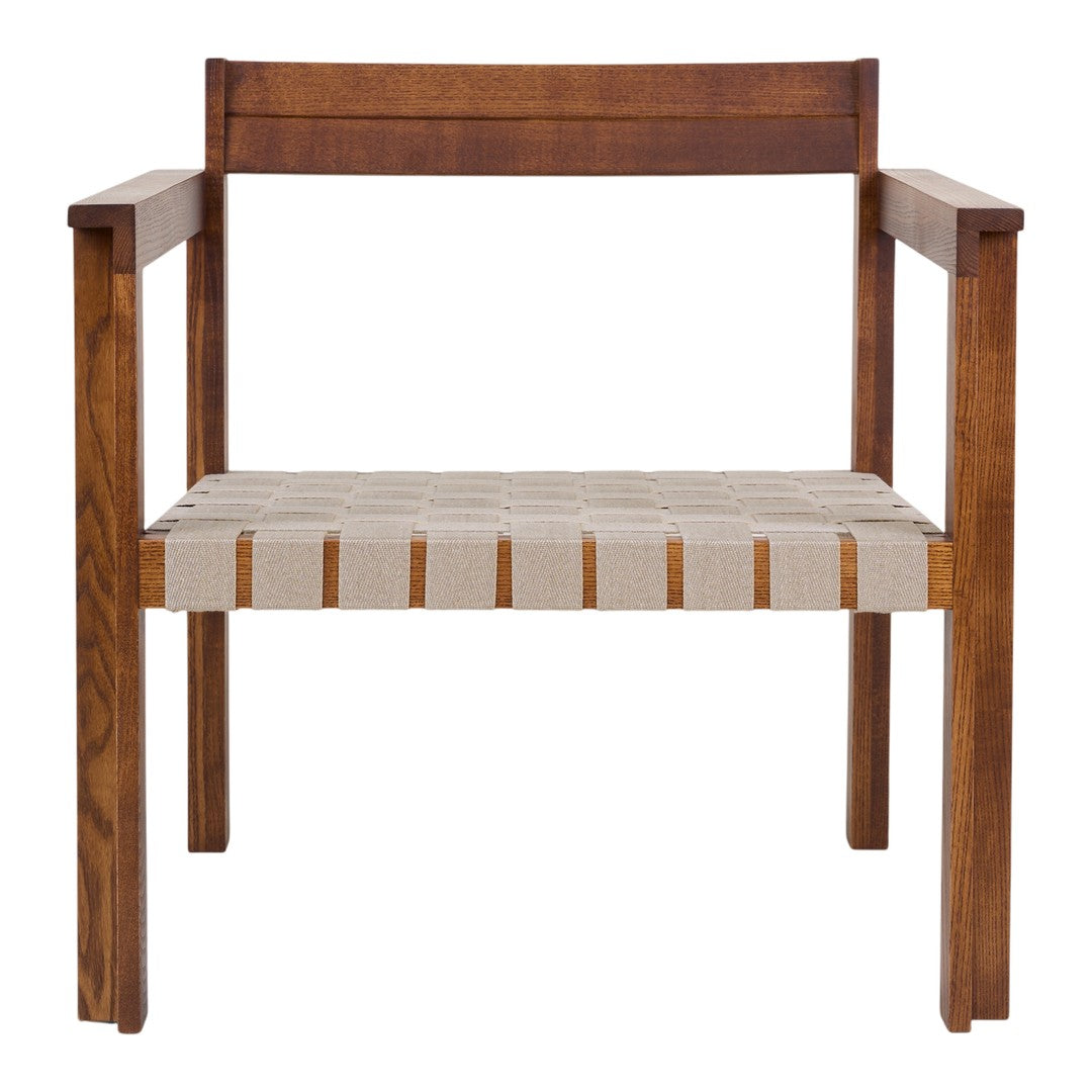 Natural wood chair with a rich brown frame and a light beige woven seat, showcasing a simple and elegant design.
