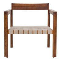 Natural wood chair with a rich brown frame and a light beige woven seat, showcasing a simple and elegant design.