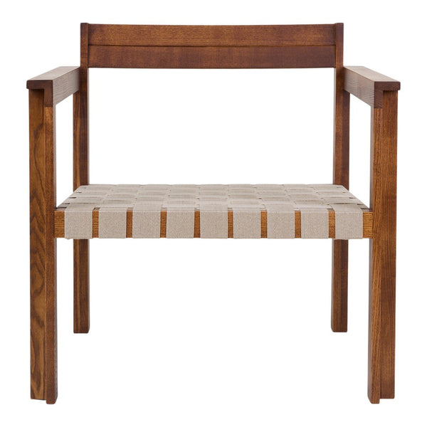 Natural wood chair with a rich brown frame and a light beige woven seat, showcasing a simple and elegant design.