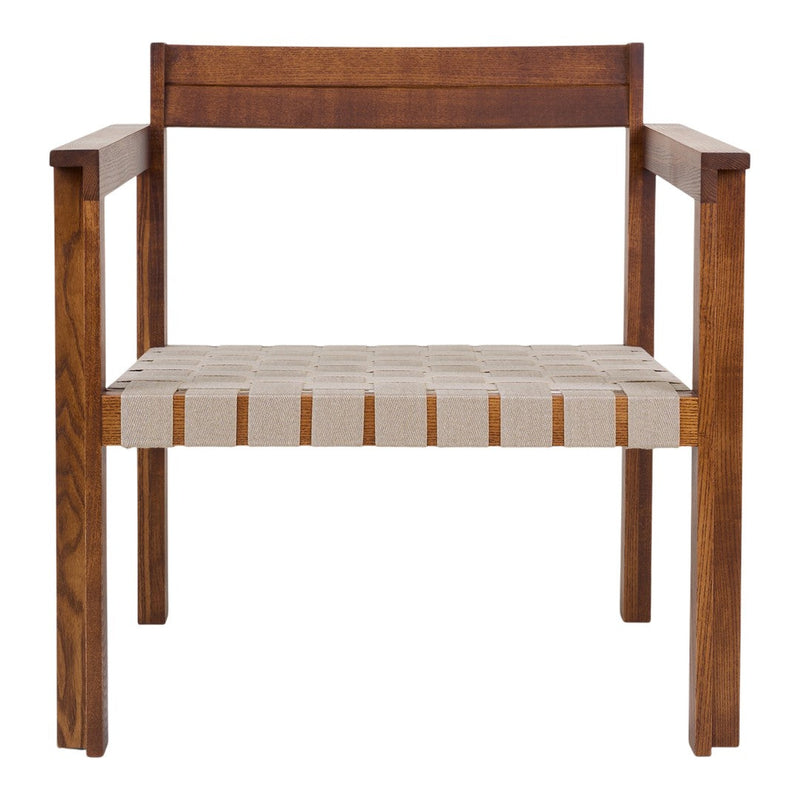Natural wood chair with a rich brown frame and a light beige woven seat, showcasing a simple and elegant design.