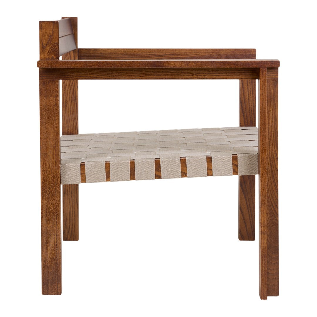 Wooden chair with a rich brown finish and a woven cream seat pattern. Stylish and modern design.