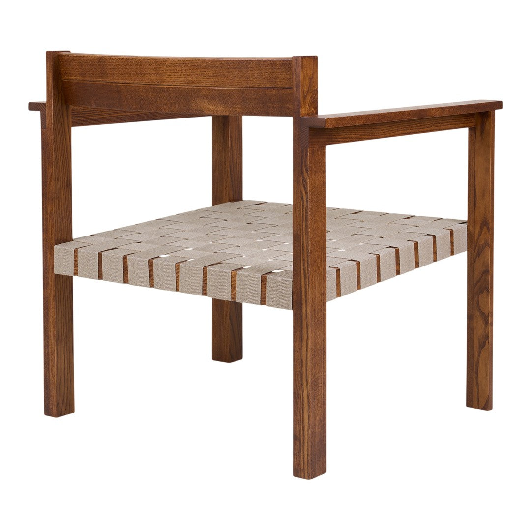 Brown wooden chair with a beige woven seat and minimalist design, featuring alternating light and dark stripes.
