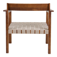 Wooden chair with a rich brown finish and a beige woven strap seat, showcasing a minimalist design and neutral color palette.