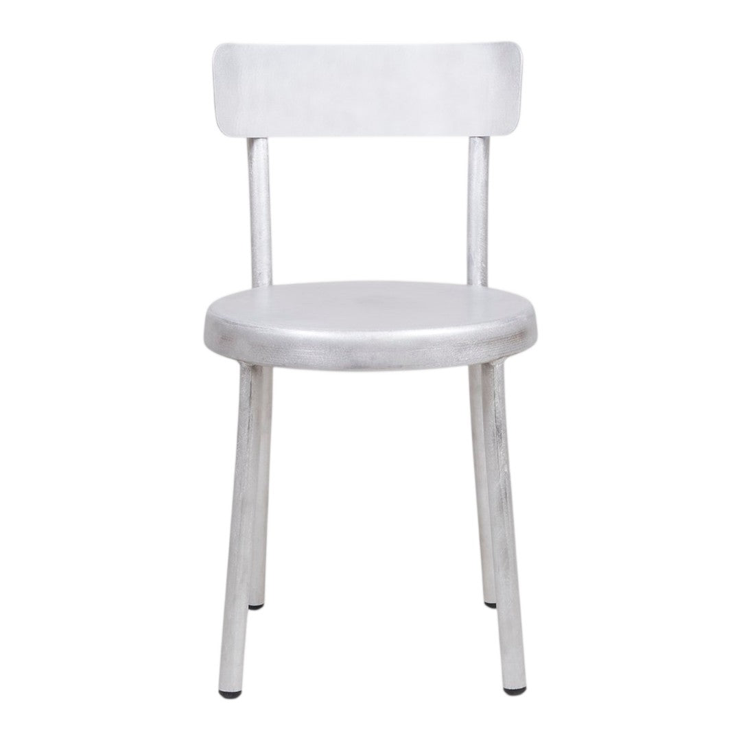 Sleek silver chair with a minimalist design, featuring a smooth metallic finish and simple lines. Perfect for modern decor.