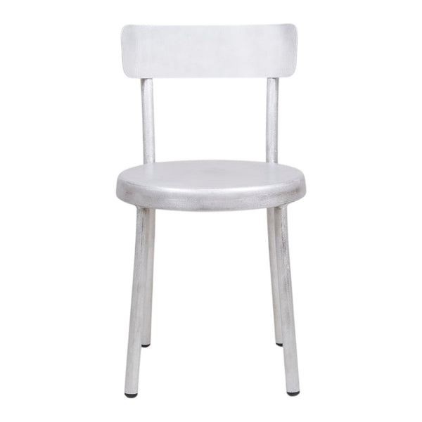 Sleek silver chair with a minimalist design, featuring a smooth metallic finish and simple lines. Perfect for modern decor.