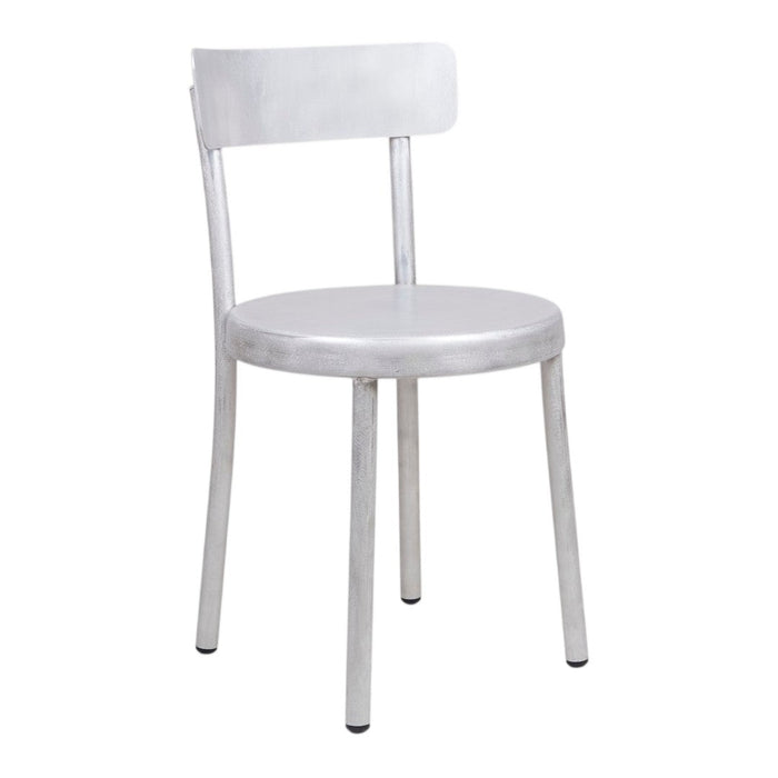 Sleek silver metal chair with a simple design, featuring a smooth finish and clean lines. Perfect for modern decor.